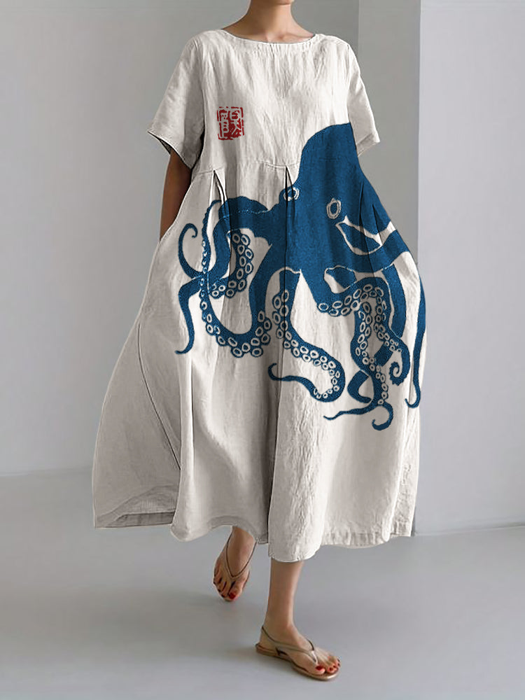 Gabriella® | Robe longue en lin mélangé avec motif japonais en lin Octopus