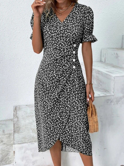 Geometric Collage Puff Sleeve Irregular Hem Dress