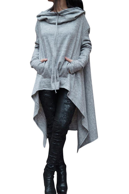 Solid Color Pile Neck Pocket Irregular Long Hoodie