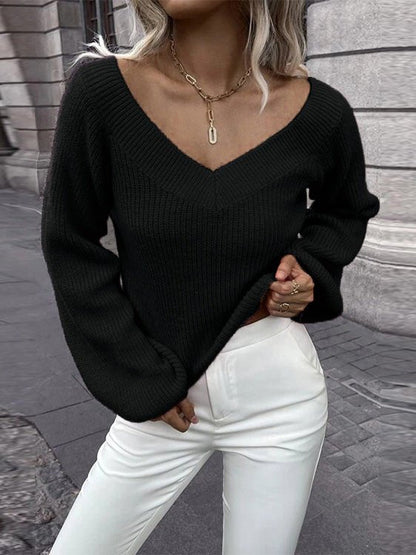 Women's Sweaters Loose Solid V-Neck Long Sleeve Sweater - Sweaters - Instastyled | Online Fashion Free Shipping Clothing, Dresses, Tops, Shoes - 16/09/2022 - Color_Black - Color_Gray